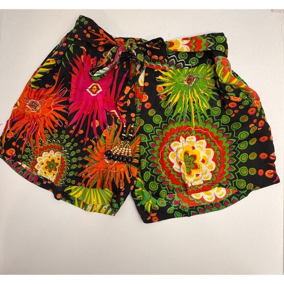Junglee Billee Boho Black Multicolor Embroidered Shorts w/ Beaded Tie - Picture 9 of 10